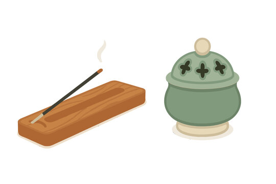 Lit incense stick on wooden holder and ceramic censer set for relaxation