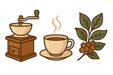 Set of icons for coffee preparation and raw bean branch elements