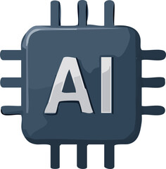 A dark blue microchip icon with metallic highlights and large white “AI” lettering in the center, symbolizing artificial intelligence hardware.