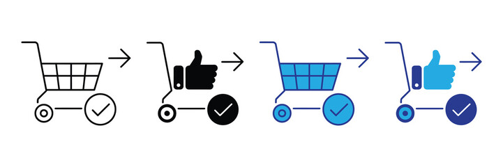Shopping cart progression: empty to approval, with thumbs up and checkmark icons, representing e-commerce success and validation, clean design