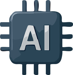 A dark blue microchip icon with metallic highlights and large white “AI” lettering in the center, symbolizing artificial intelligence hardware.