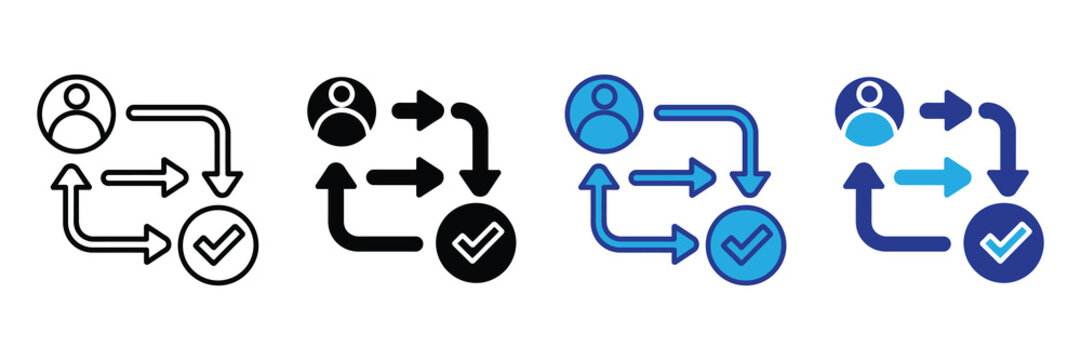 Workflow process icon with user and checkmark, illustrating steps and completion for business, project management, or system design.