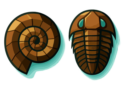 Fossilized ammonite shell and trilobite arthropod icons