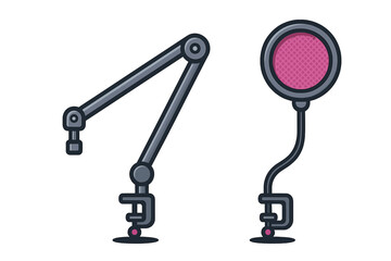 Studio microphone boom arm and pop filter set isolated on white background