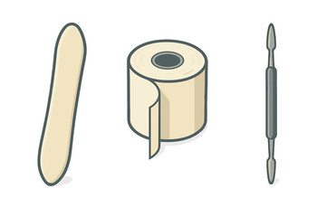 Set of medical and manicure instruments including tongue depressor tape and cuticle pusher