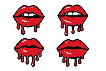 Four red dripping lips icons with bold black outlines