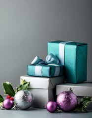 Gray and turquoise gift boxes on gray background with copy space with lilac and silver glass balls and holly branches. Christmas concept