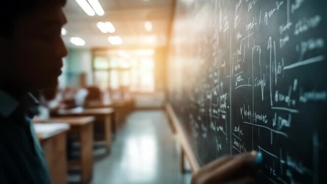 Person writing mathematical formulas on chalkboard in classroom with bright sunlight