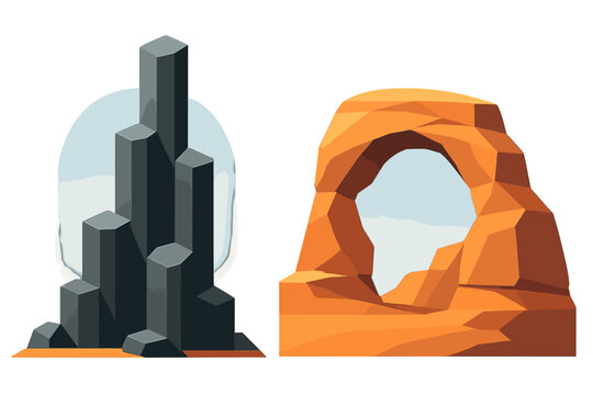 Stylized geometric rock formations with basalt columns and sandstone arch