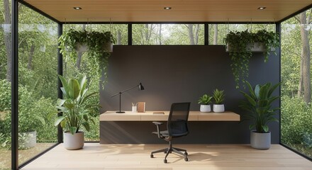Modern office setup with a view of nature and lush plants inside a glass-walled workspace during the day