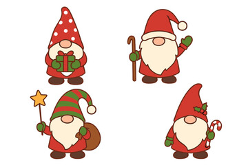 Four cute Christmas gnomes holding various holiday items