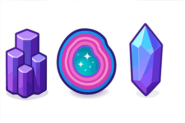 Colorful fantasy crystal and mineral icons set