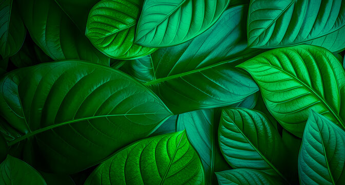 Stunning AI generated beautiful nature lush foliage with vibrant green leaves captured top view. Perfect relax, meditation inspire, and innovative natural background promoting ecology and digital art