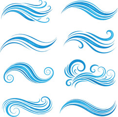 Isolated a kinds of deferent Blue air flow wave effect set. Waves showing a stream of clean fresh air. element vector art with white background..