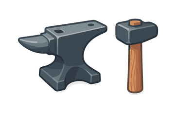 Anvil and sledgehammer tool set icon graphic for blacksmithing