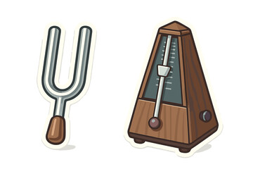 Tuning fork and wooden metronome isolated on a white background
