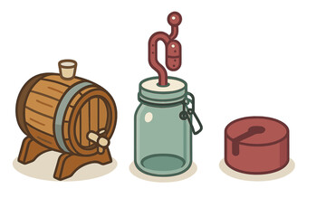 Home brewing equipment icons including wooden barrel, fermentation jar, and stopper