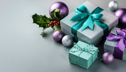 Gray and turquoise gift boxes on gray background with copy space with lilac and silver glass balls and holly branches. Christmas concept