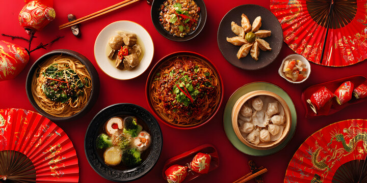 A beautiful festive background with Chinese cuisine dishes for the Chinese New Year celebration - Powered by Adobe