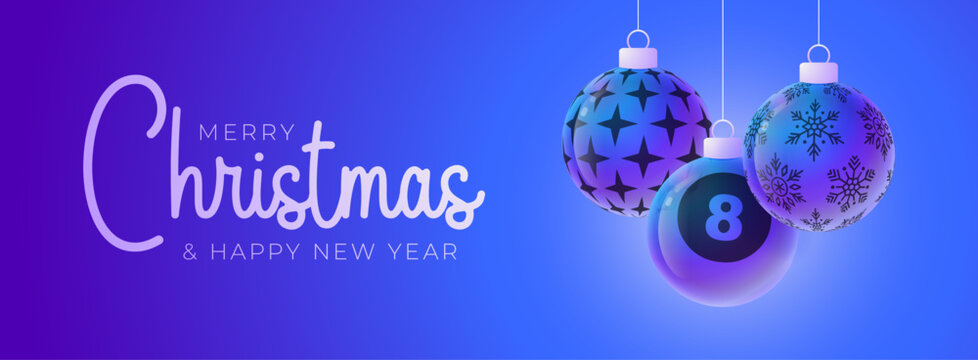 billiard Christmas and New Year sport banner. Merry Christmas tech greeting card with xmas ball as a bauble on purple neon background. Vector illustration - Powered by Adobe