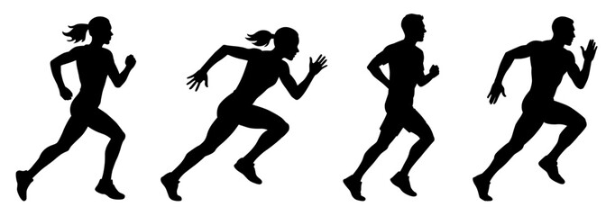 Running man and woman silhouettes. Vector set. Male and female runners figure shapes. Bare and naked slim healthy people work out
