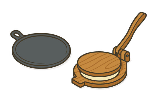 Wooden tortilla press and cast iron comal griddle for flatbread cooking