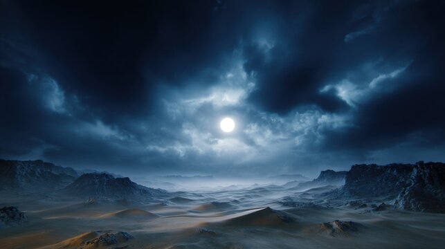 Mysterious desert landscape under a full moon with dark clouds and rugged mountains at night