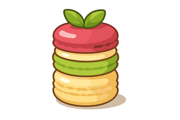 Stack of three colorful layered macarons with fresh mint leaf garnish
