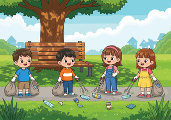 Group of children cleaning park litter together, eco-friendly kids activity vector illustration, cheerful teamwork artwork, environmental awareness design, outdoor community background