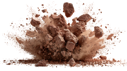 Brown powder exploding outward, dynamic dust burst effect with fine particles and scattered chunks.