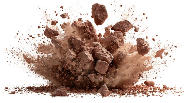 Brown powder exploding outward, dynamic dust burst effect with fine particles and scattered chunks.