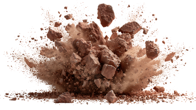 Brown powder exploding outward, dynamic dust burst effect with fine particles and scattered chunks.
