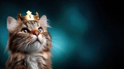 Cat wearing a golden crown gazes confidently into the distance with a regal expression against a blue background