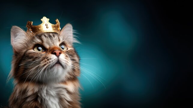 Cat wearing a golden crown gazes confidently into the distance with a regal expression against a blue background