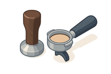 Isometric coffee tamper and portafilter with fresh ground beans