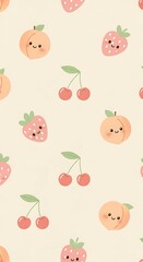 A cute seamless pattern of smiling cartoon strawberries, peaches, and cherries on a light background.