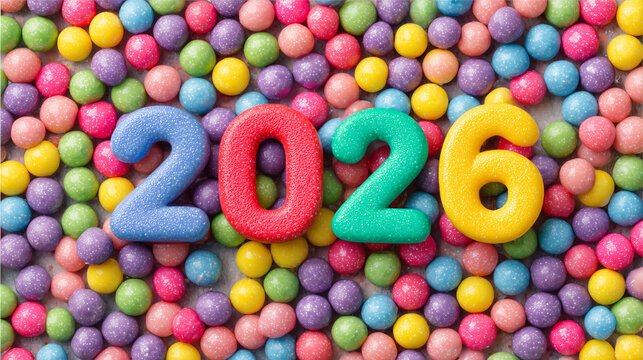 Colorful candy-coated balls surround the numbers 2026. The scene is vibrant and festive, ideal for celebrations or events.