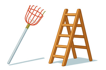 Fruit picking tools including long handled picker and wooden step ladder © Mark