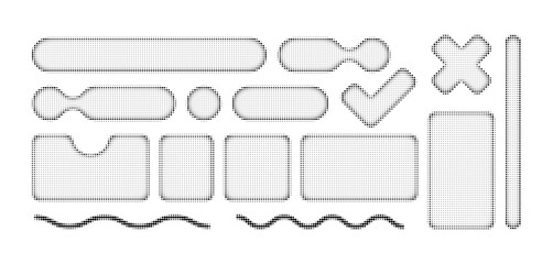 Obraz premium Set of abstract halftone graphic element. Geometric shapes. Memphis design, sticker pack, y2k, aesthetics, brutalism, retro elements, vintage. Vector illustration with wavy and zig zag elements