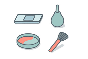 Collection of essential laboratory and cosmetic tools including dropper, slide, and petri dish