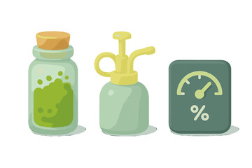 Stylized 3D icons set featuring a corked jar, plant mister, and percentage gauge meter