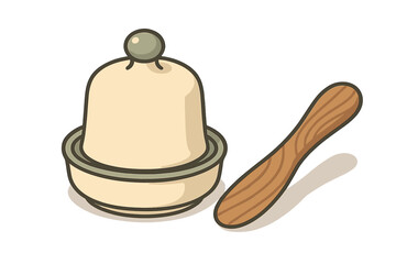 Traditional ceramic butter dish with lid and wooden spreader on white background