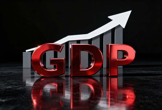 Gross Domestic Product GDP  upward white arrow, and a bar chart, representing financial growth, invest profit, and achievement in stock market success