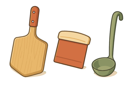 Essential kitchen utensils including wooden pizza peel, dough scraper, and green soup ladle