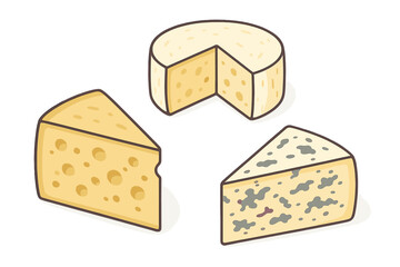 Gourmet assortment of dairy products including Swiss, blue cheese, and soft wheel varieties