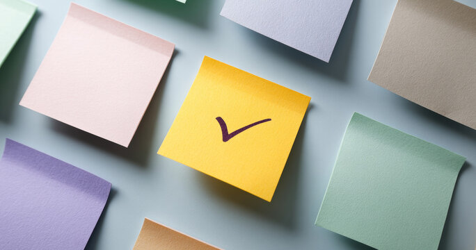 Yellow sticky note with check mark surrounded by pastel colored blank sticky notes on light surface