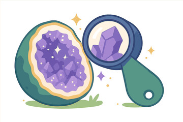 Magnifying glass examining sparkling purple amethyst crystals inside a detailed geode cross-section