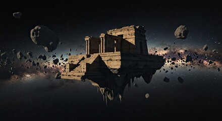 Ancient temple floating in space with asteroids and cosmic background