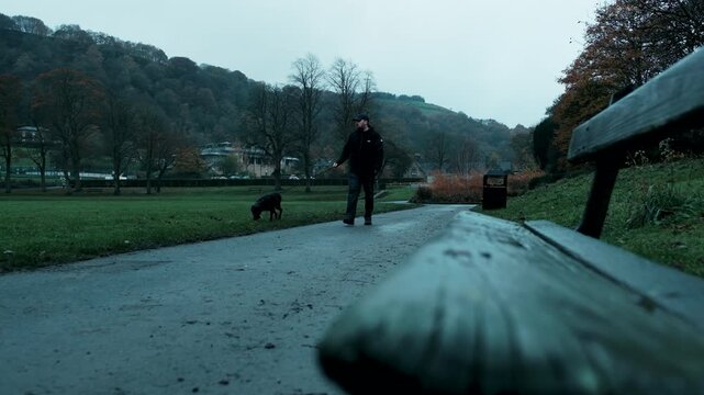 Low angle early morning shot in Todmorden showing a park bench in the foreground leading to a man walking his black lurcher dog on a lead