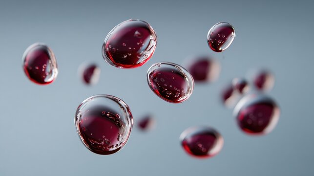 Suspended Red Wine Droplets Captured in Stunning Macro Clarity Against a Soft Gray Backdrop